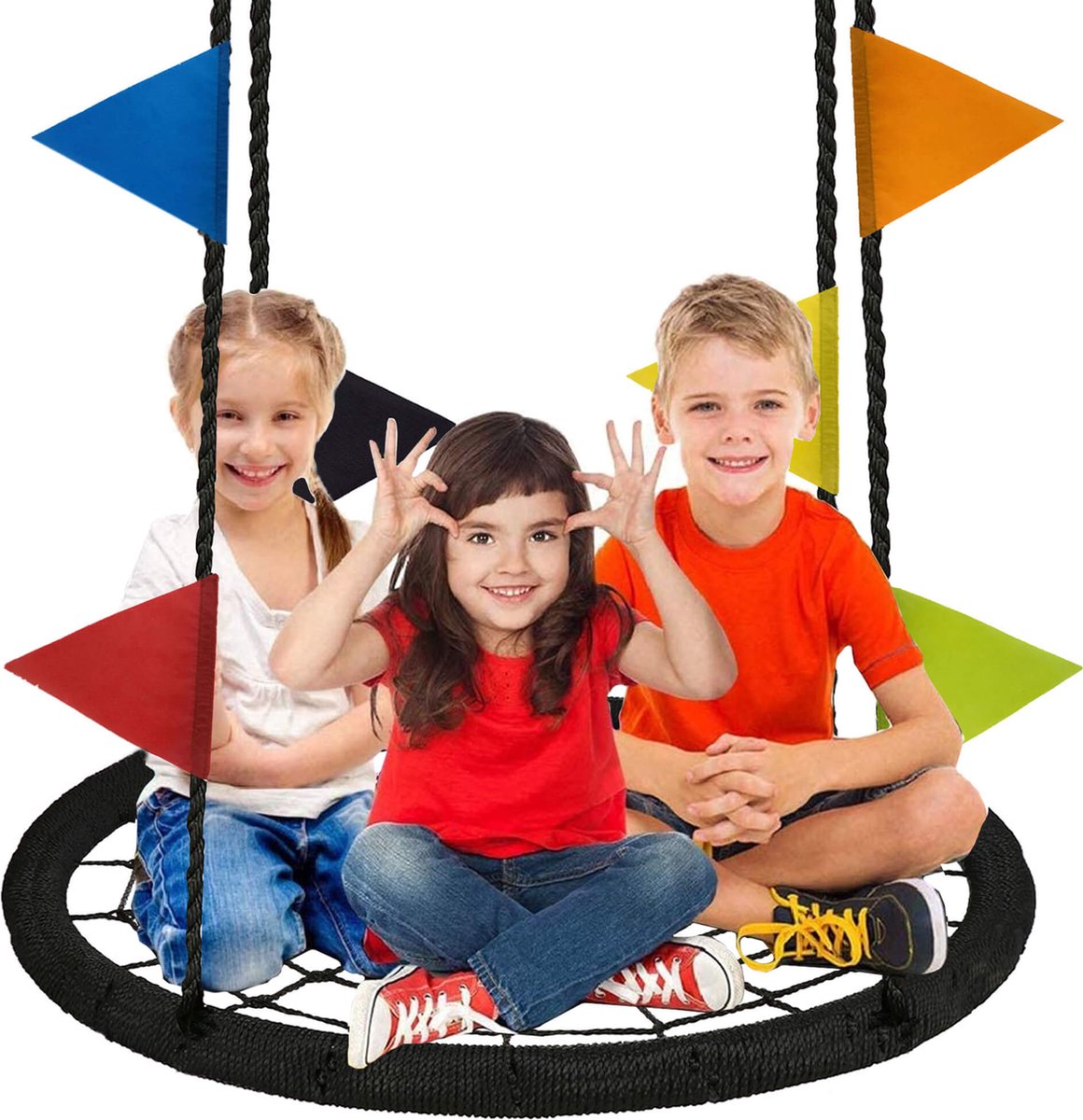 Springos Nestschommel | Schommel Kinderen | Kinderschommel | Maximale Belasting 200 kg | Inclusief Vlaggetjes | Zwart